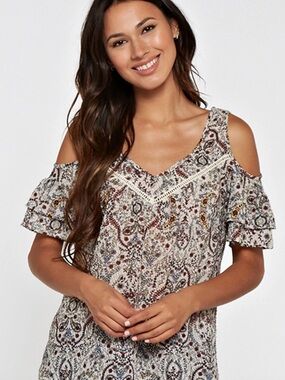 lovestitch Cold-Shoulder Paisley Blouse - Cream Multi